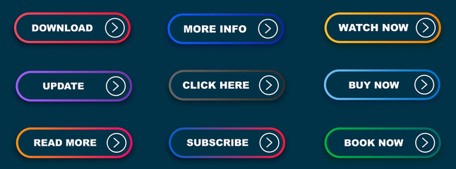 Poster - Set of vector modern material style buttons. Different gradient colors and icons on rectangular forms with shadows.