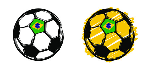 Wall Mural - Flat vector black grunge soccer ball with thw flag of Brazil, Brazilian. Grungy football. Cartoon sport EK, WK pictogram Sports game cup. 