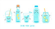 © tandav - Set of funny water characters in bottles and glasses. Kawaii smiling full glass,plastic takeaway cup, bottle with lemon, detox with lime, text. Hand drawn cute vector. H2O for health.Drink more water.