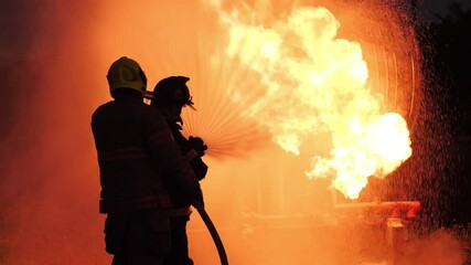 Wall Mural - Rear view of Asian fireman wear fire protection suit. Firefighter in full gear operating a fire hose at Fire station at night. Training fire drill Slow motion