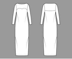 Wall Mural - Dress column technical fashion illustration with long sleeves, fitted body, floor maxi length pencil skirt. Flat evening apparel front, back, white color style. Women, men unisex CAD mockup