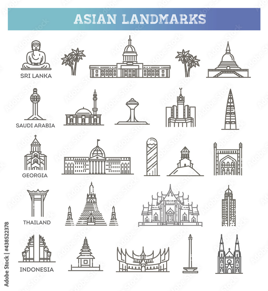 Simple linear Vector icon set representing global tourist asian landmarks and travel destinations for vacations - obrazy, fototapety, plakaty 