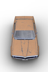 Poster - 3D rendering of an old retro American muscle car with rusty yellow body isolated on white background seen from over the hood.