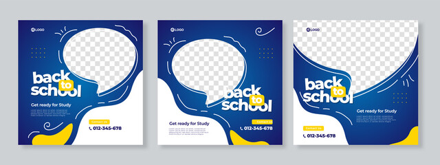 set of three blue yellow organic fluid background of back to school social media pack template premi