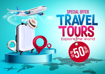 Wall Mural - travel tours sale vector banner design. travel tours special offer text up to 50% off with luggage a