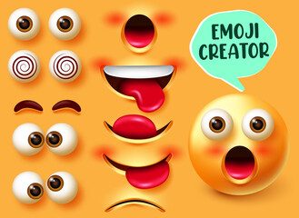 Emoji creator vector smiley set. Emojis 3d character kit in facial expressions of surprised with editable face elements like eyes and mouth for smileys face design. Vector illustration
