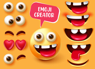 Wall Mural - Emoji creator vector set design. Smiley 3d in funny and happy character facial expression with editable kit like eyes, teeth and mouth elements for smiley emotion collection. Vector illustration
