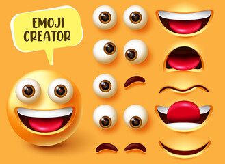 emoji creator vector set design. smiley 3d character kit with editable face elements like eyes and m