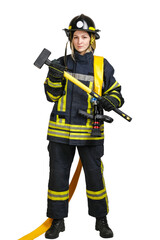 Wall Mural - Full-length young brave woman in uniform and hardhat of fireman with fire hose on shoulders and sledgehammer in hands isolated on white background. 