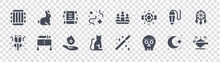 Magic Glyph Icons On Transparent Background. Quality Vector Set Such As Magic Lamp, Skull, Black Cat, Flower, Pendulum, Manuscript, Candles, Rabbit