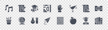 Back To School Glyph Icons On Transparent Background. Quality Vector Set Such As Files, Apple, Paper Plane, Brush, Degree, Bachelor, Raise Hand, Paper