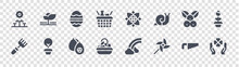 Spring Glyph Icons On Transparent Background. Quality Vector Set Such As Clover, Pinwheel, Basket, Fork, Berries, Easter Egg, Sunflower, Crop