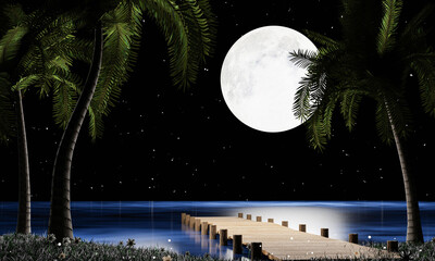 Wall Mural - Full moon night, many stars fill the sky. A wooden bridge extends down to the sea or the pier, with coconut trees along the way. Romantic scene by the sea on a full moon wooden bridge. 3D rendering.
