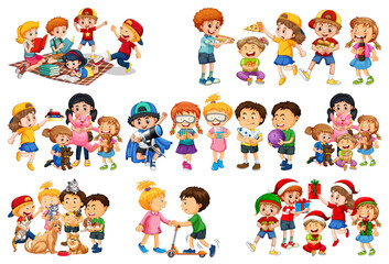 Sticker - Set of different kid playing with their toys cartoon character isolated on white background