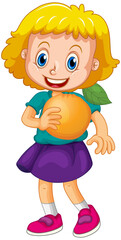 A girl holding an orange fruit cartoon character isolated on white background