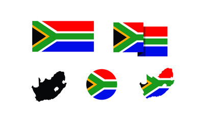 South Africa attributes. flag in rectangle, round, and maps. set of element vector illustrations for national celebration day.