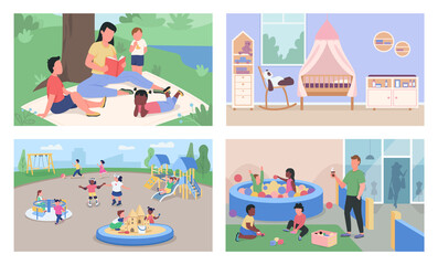 Poster - Childcare and daycare flat color vector illustration set. Reading book. Kindergarten children and teacher 2D cartoon characters with outdoor and indoor playzones on background collection