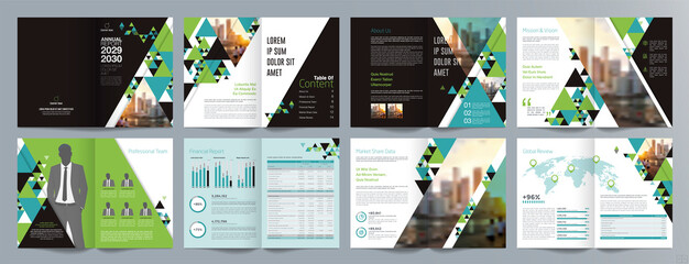 Corporate business presentation guide brochure template, Annual report, 16 page minimalist flat geometric business brochure design template, A4 size.