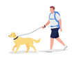 © IMGvisualsCharacters - Man with backpack walk with dog semi flat color vector character. Trekker figure. Full body person on white. Hiker isolated modern cartoon style illustration for graphic design and animation