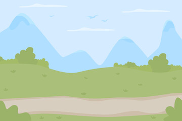 Poster - Scenic trail for trekking flat color vector illustration. Idyllic route for walking trip to countryside. Wilderness for outdoor leisure. Panoramic 2D cartoon landscape with mountain peak on background