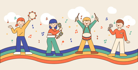 Wall Mural - cute children are playing musical instruments on the rainbow. outline simple vector illustration.