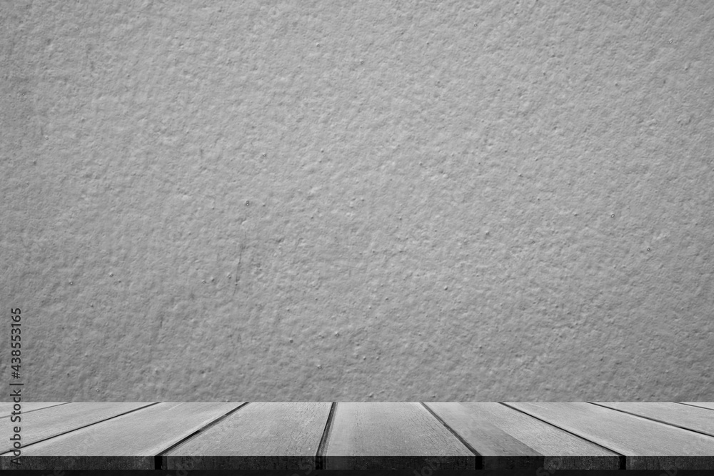 Wooden table counter with cement concrete room background. Interiors ...