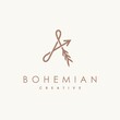 Feather and archer logo with letter A concept, bohemian logo design