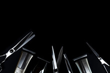 A Set Of Hair Cut Tools On Black Background For Cutting Barber Beard Salon