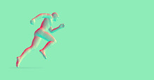 Running Man Constructing From Cubes. Marathon Runner. Human Body Model. Design For Sport. Voxel Art. 3D Vector Illustration.