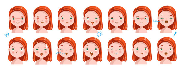 Wall Mural - redhead girl face facial emotions set. child face with different expressions. variety of emotions ch