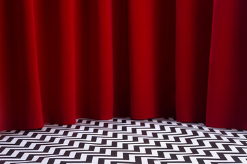 Wall Mural - Theatre scene with red velvet curtain and black and white tile on floor. Stage for displaying product in twin peaks style.