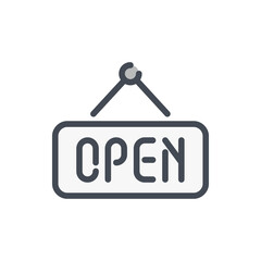 Poster - Hanging open sign color line icon. Sign on the door with the text 