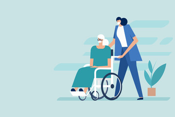 Illustration of a elderly female patient in wheel chair with a nurse