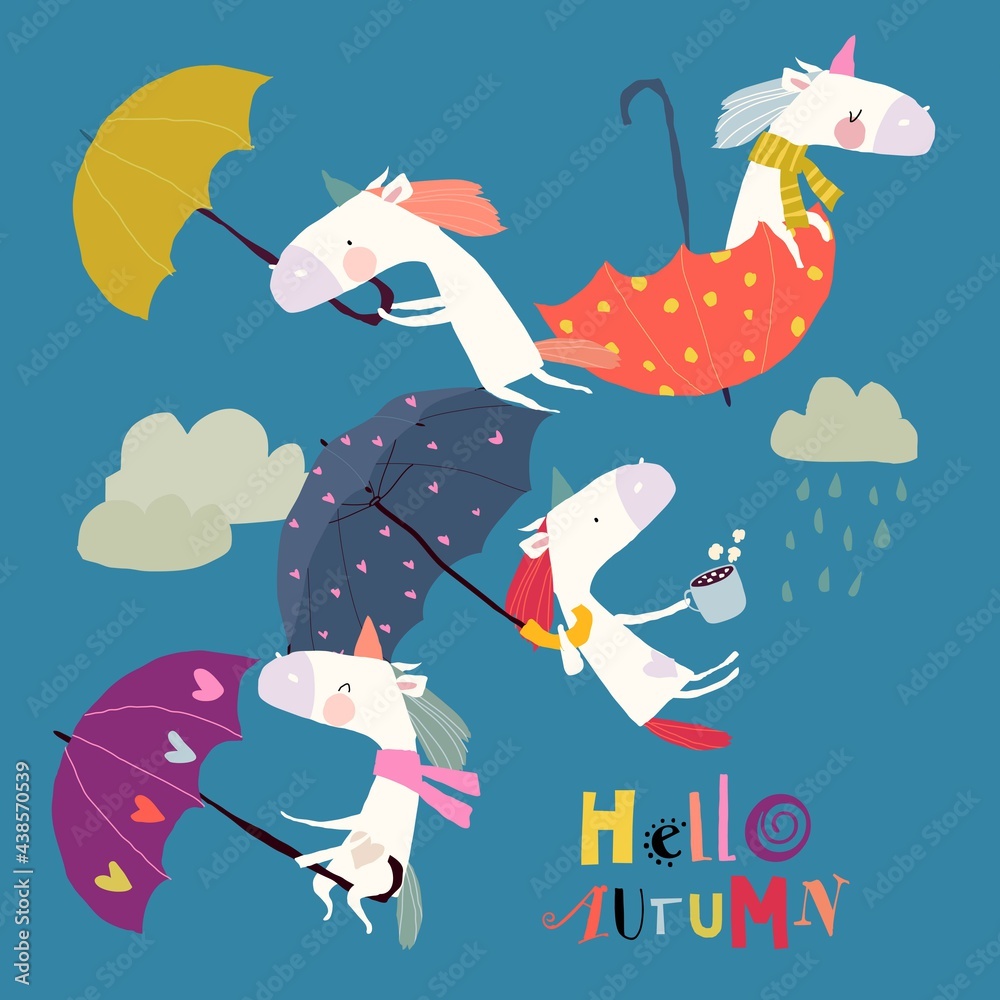 Funny Unicorns flying with Umbrellas in the Sky - obrazy, fototapety, plakaty 