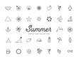 夏のシンプルな線画アイコンセット / ビーチ、海、自然、動物、花、果物 / モノクロ
