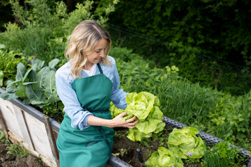 pretty blonde young woman posing in front of raised bed, vegetable patch in garden and is happy