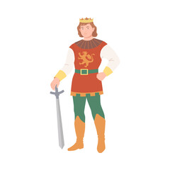 Poster - Young Prince with Golden Crown Holding Sword as Fabulous Medieval Character from Fairytale Vector Illustration