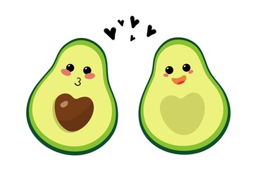 Cute couple of avocado emojis with hearts and heart-shaped bones. A smile and a kiss. Vector illustration. Design for T-shirts, postcards.