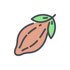Poster - Cocoa fruit with leaves color line icon. Cocoa bean vector outline colorful sign.
