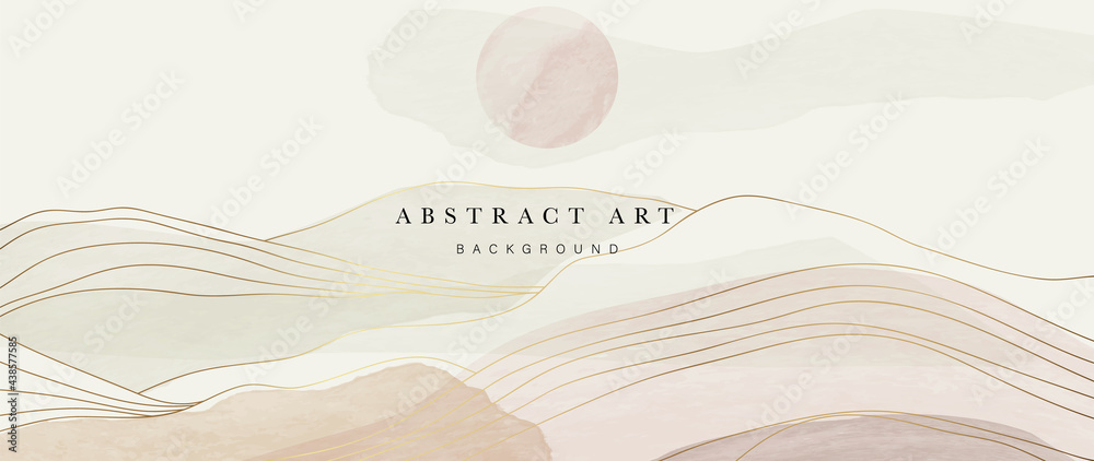 Mountain oriental style background vector. Chinese and Japanese oriental line art mountain and sun with  watercolor texture. Natural abstract art. Home deco, wall arts for prints and cover template. - obrazy, fototapety, plakaty 