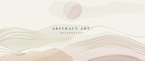 Mountain oriental style background vector. Chinese and Japanese oriental line art mountain and sun with  watercolor texture. Natural abstract art. Home deco, wall arts for prints and cover template.