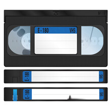 Vhs Video Cassettes With The Upper And Side Sides. Realistic Vector Design. A Torn Sticker On One Of The Cassettes