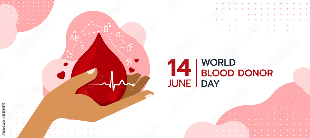world blood donor day - hand holding red drop blood with blood type cell around and Heart rhythm wave sign vector design - obrazy, fototapety, plakaty 