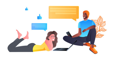 Poster - mix race friends using laptops social media chat bubble communication concept full length