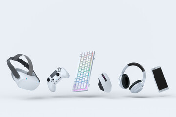 Poster - flying gamer gears like mouse, keyboard, joystick, headset, vr on white
