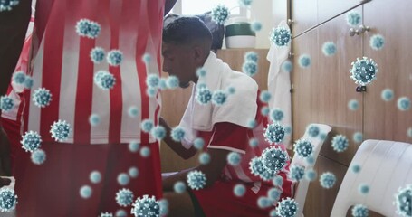 Poster - Animation of covid 19 cells over football players in changing rooms