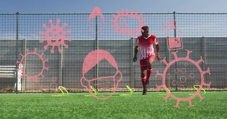 Poster - Animation of covid 19 icons over football player in spots stadium