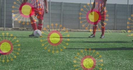Poster - Animation of covid 19 cells over american flag in empty sports stadium