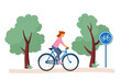 Vector illustration of rest in the city park. Young woman rides a bicycle on a bike path. Outdoor activities. Vector illustration