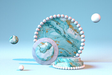 Poster - 3D White blue pedestal podium. Marble effect bright display showcase for beauty cosmetics products. Trendy Abstract studio 3d render illustration
